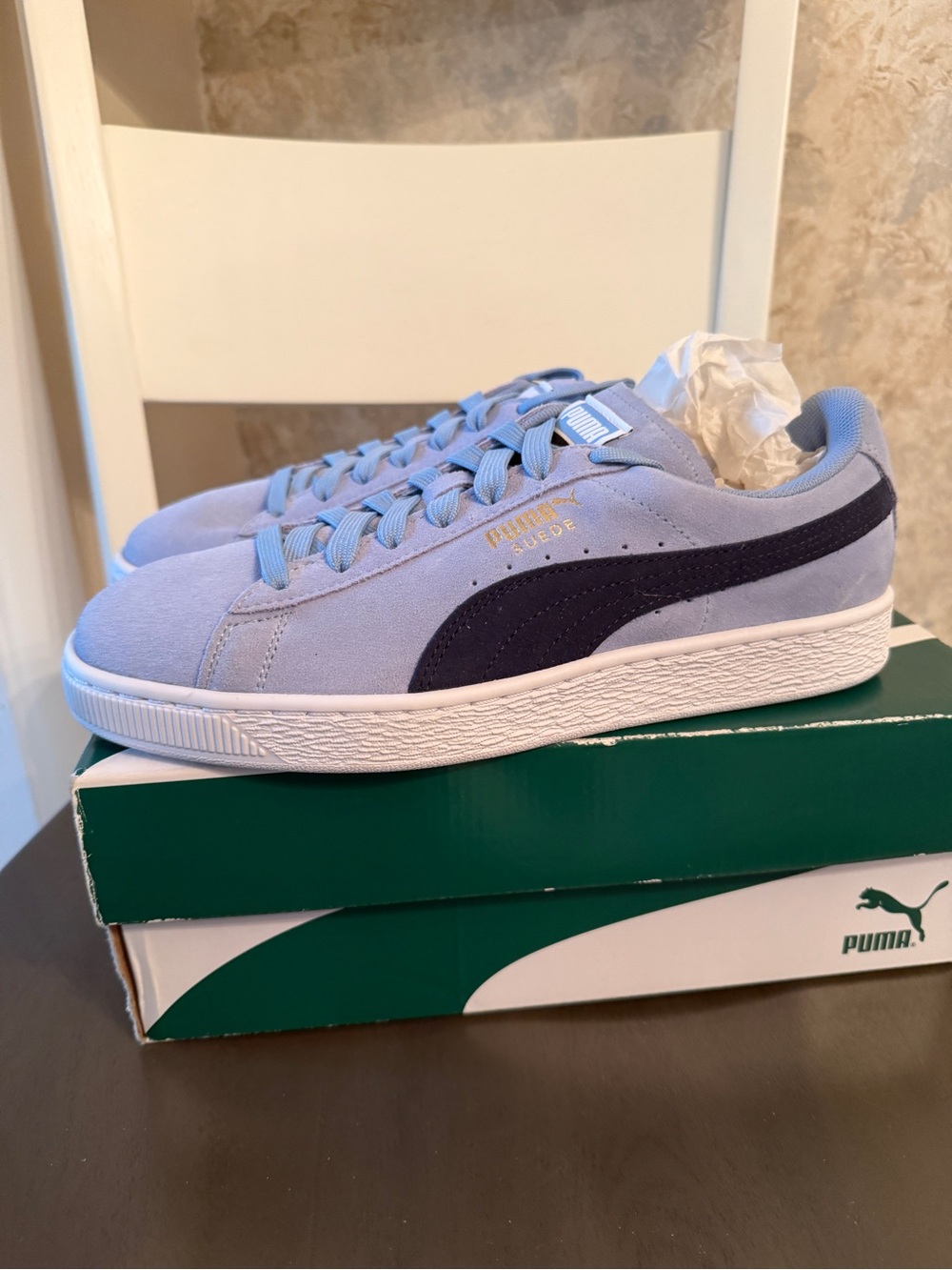 Puma Suede Low-Top Sneakers in Light Blue with Navy Formstrip